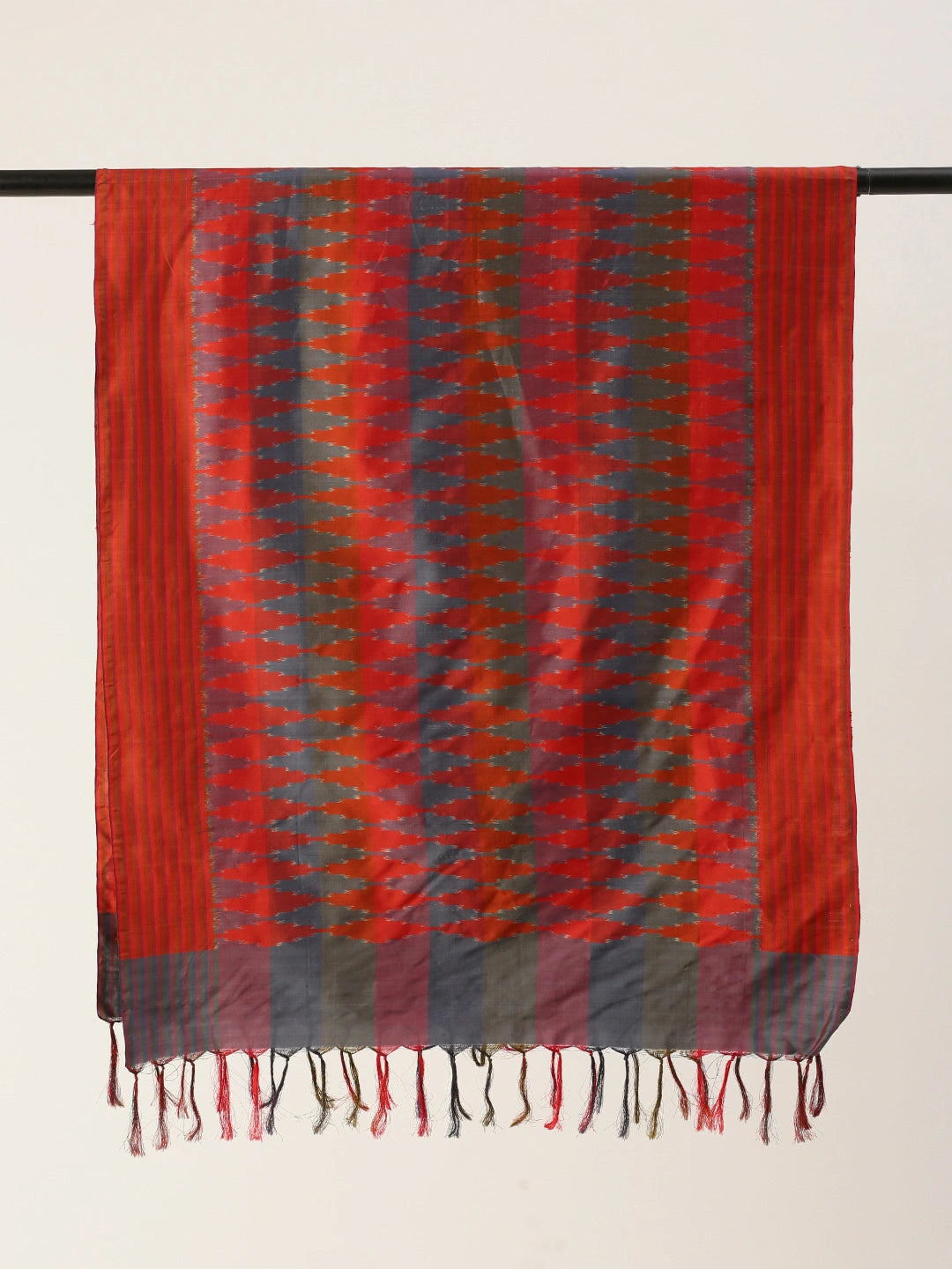 ASVA Women's Double Ikat Silk Scarf with Tassels