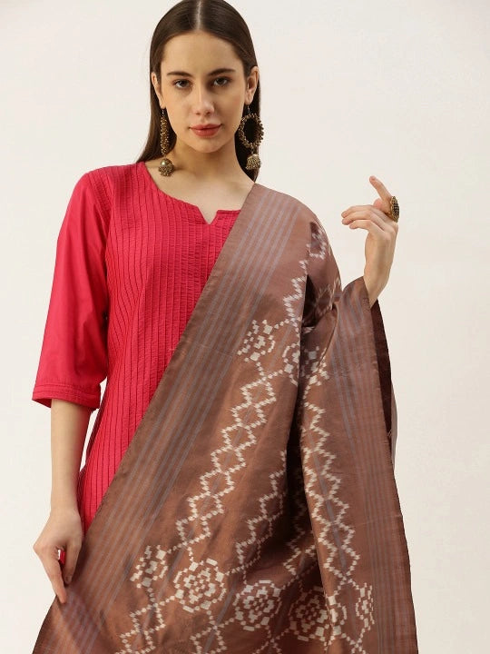 Women's Handwoven Brown Silk Scarf Double Ikat & Tassels