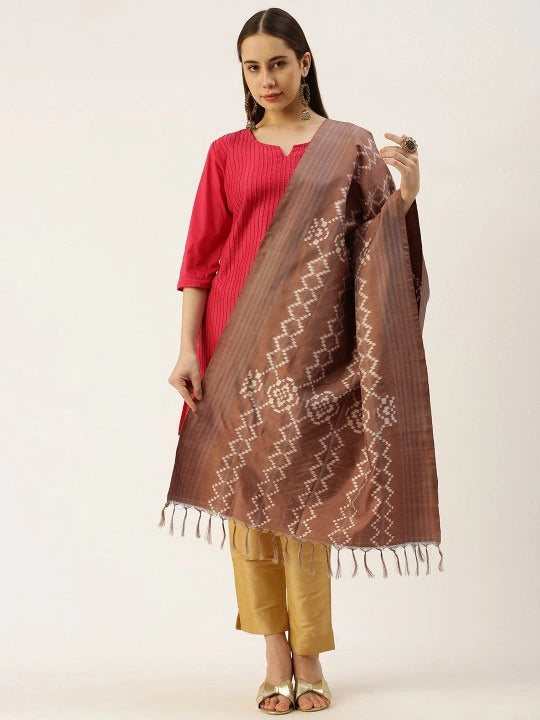 Women's Handwoven Brown Silk Scarf Double Ikat & Tassels