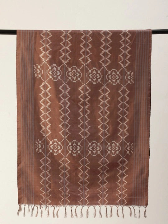 Women's Handwoven Brown Silk Scarf Double Ikat & Tassels
