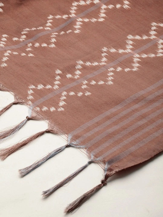 Women's Handwoven Brown Silk Scarf Double Ikat & Tassels