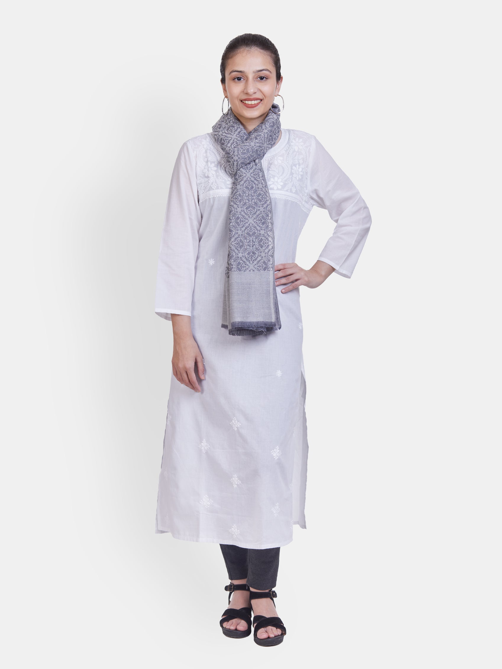 ASVA Women's Handwoven Semi Pashmina Scarf with All-Over Gray Design