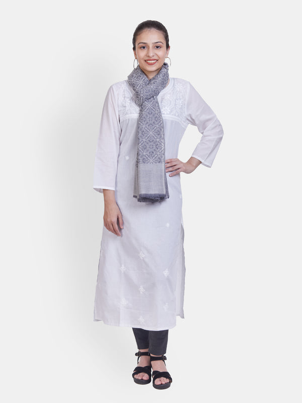 Women's Handwoven Semi Pashmina Scarf with All-Over Gray Design