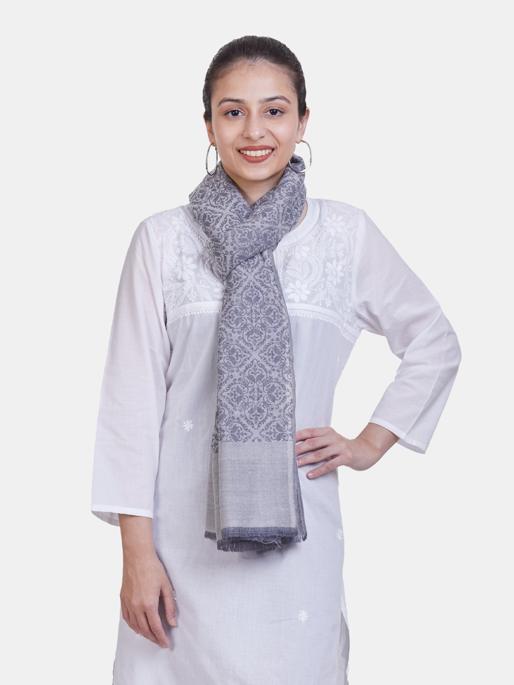 ASVA Women's Handwoven Semi Pashmina Scarf with All-Over Gray Design