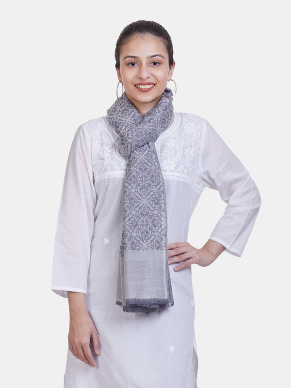 Women's Handwoven Semi Pashmina Scarf with All-Over Gray Design