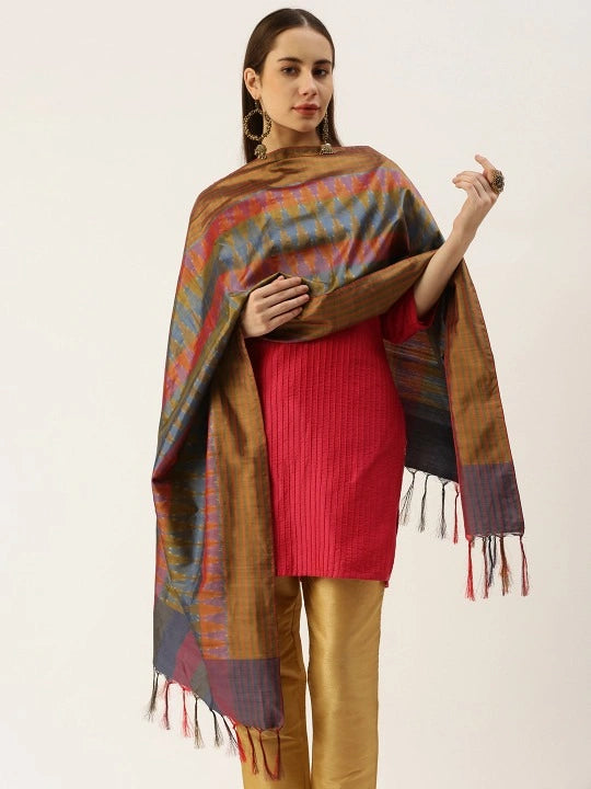 Women's Mustard Base with Silk Double Ikat scarf with Tassels