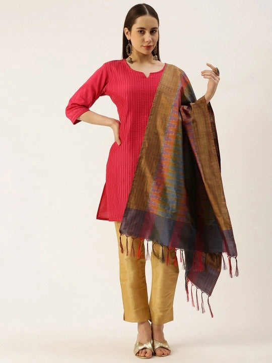 Women's Mustard Base with Silk Double Ikat scarf with Tassels