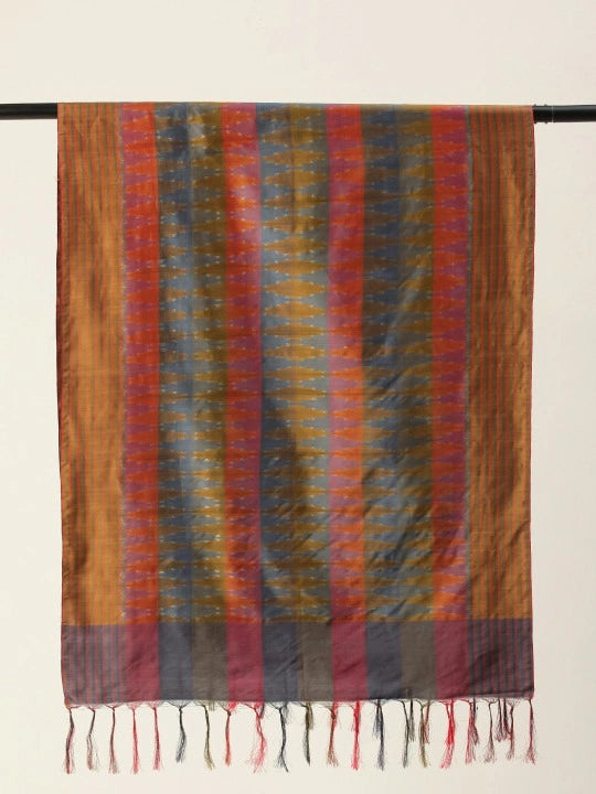 Women's Mustard Silk Scarf with Double Ikat & Tassels