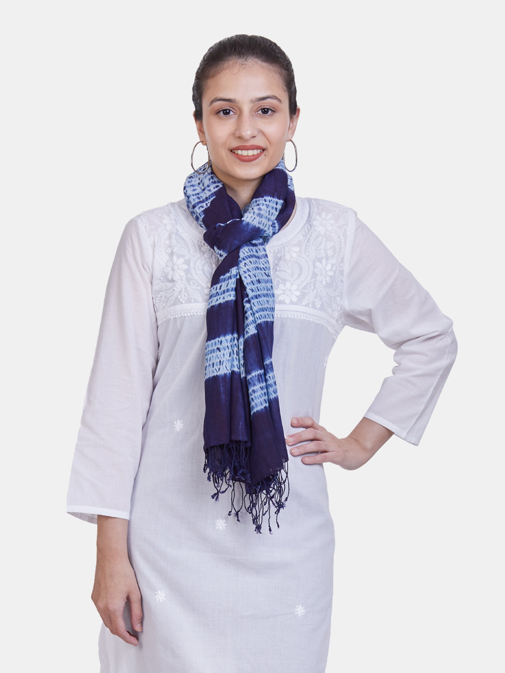 ASVA Women's Navy Blue Cotton Shibori Scarf with Self Tassels