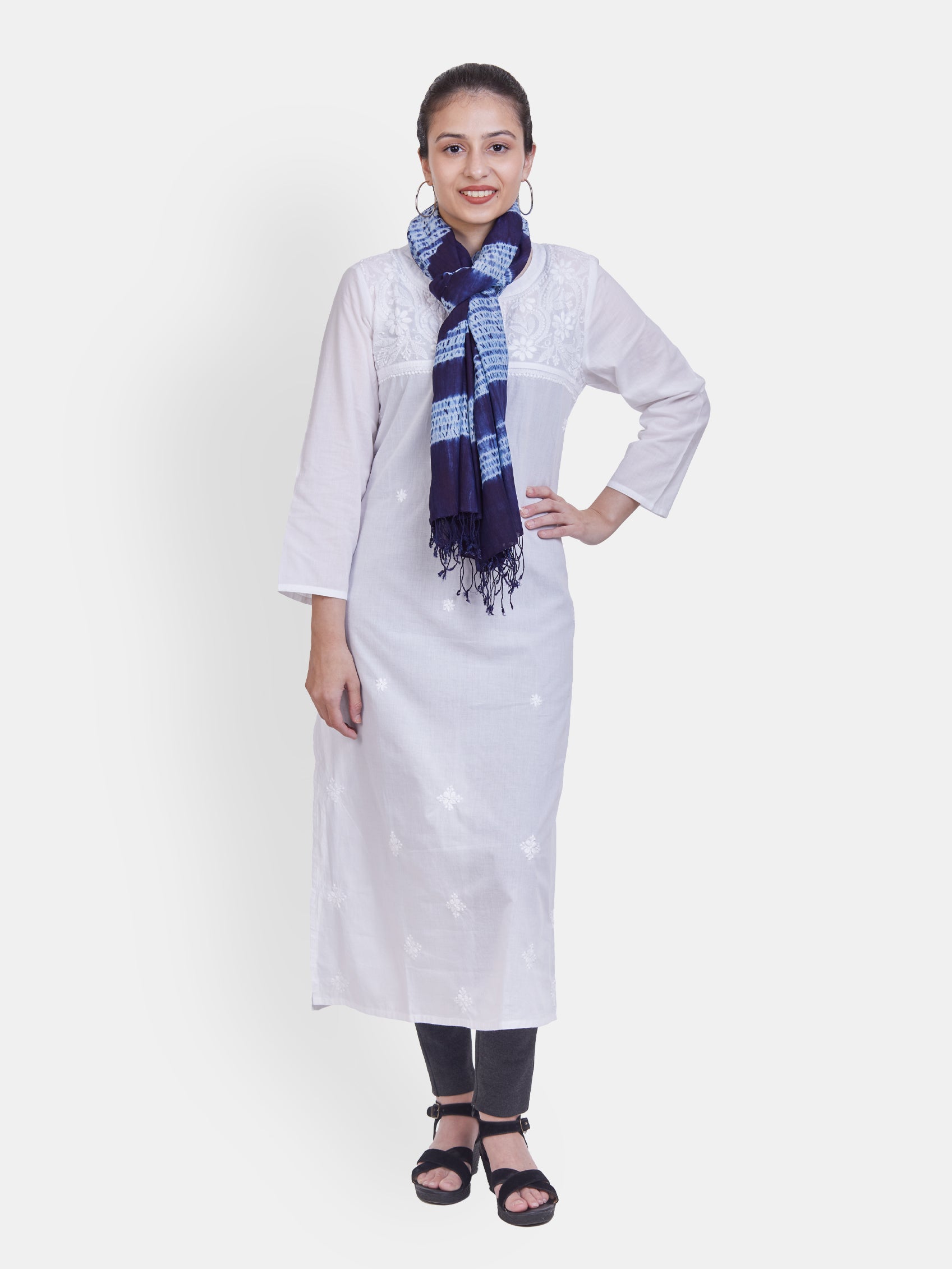 ASVA Women's Navy Blue Cotton Shibori Scarf with Self Tassels