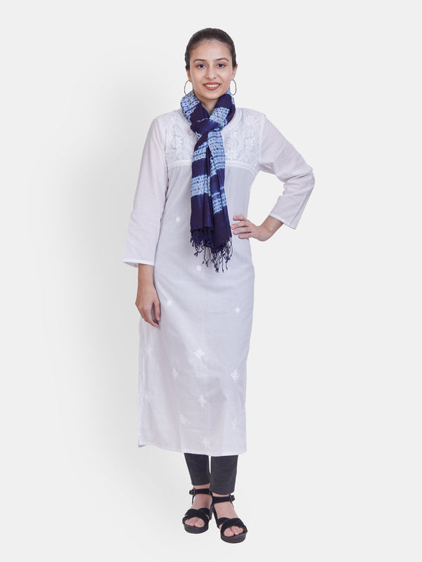 Women's Navy Blue Cotton Shibori Scarf with Self Tassels