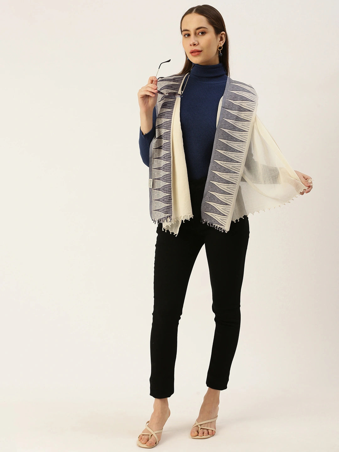 ASVA Women's Off-White Cotton Scarf with Blue Handwoven Border Design on One Side