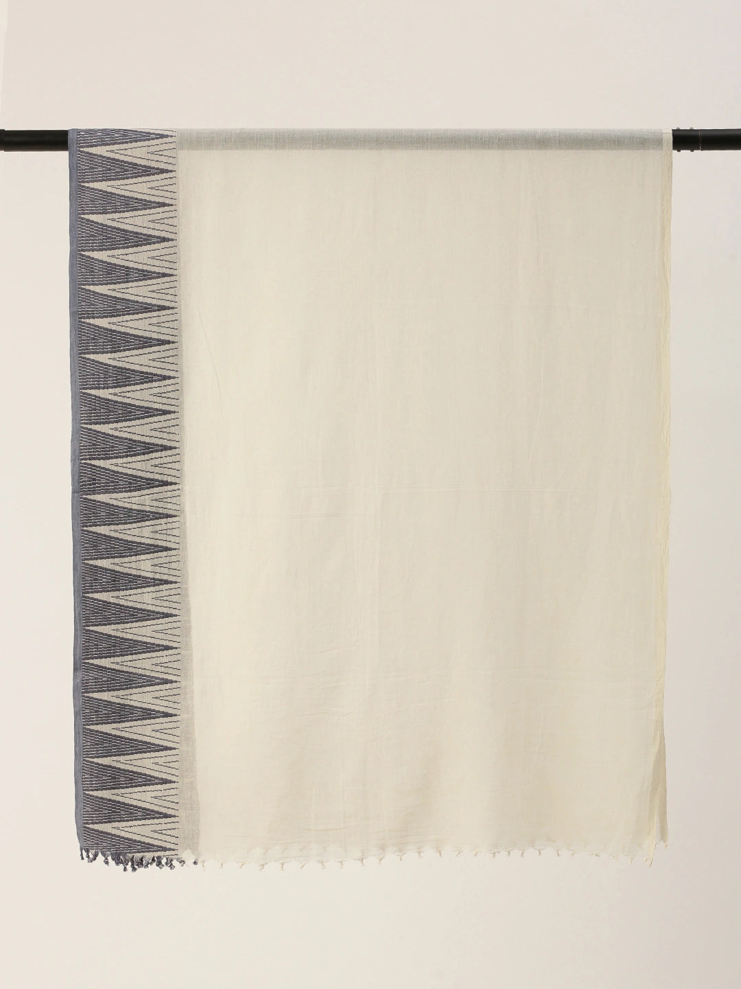 ASVA Women's Off-White Cotton Scarf with Blue Handwoven Border Design on One Side