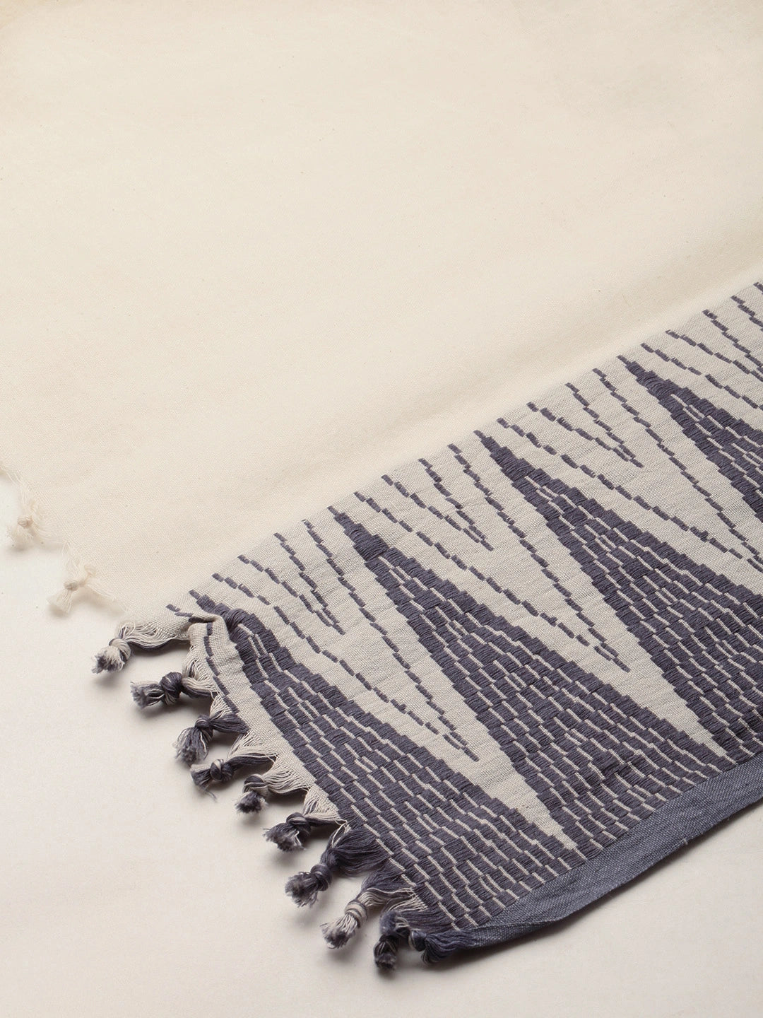 ASVA Women's Off-White Cotton Scarf with Blue Handwoven Border Design on One Side