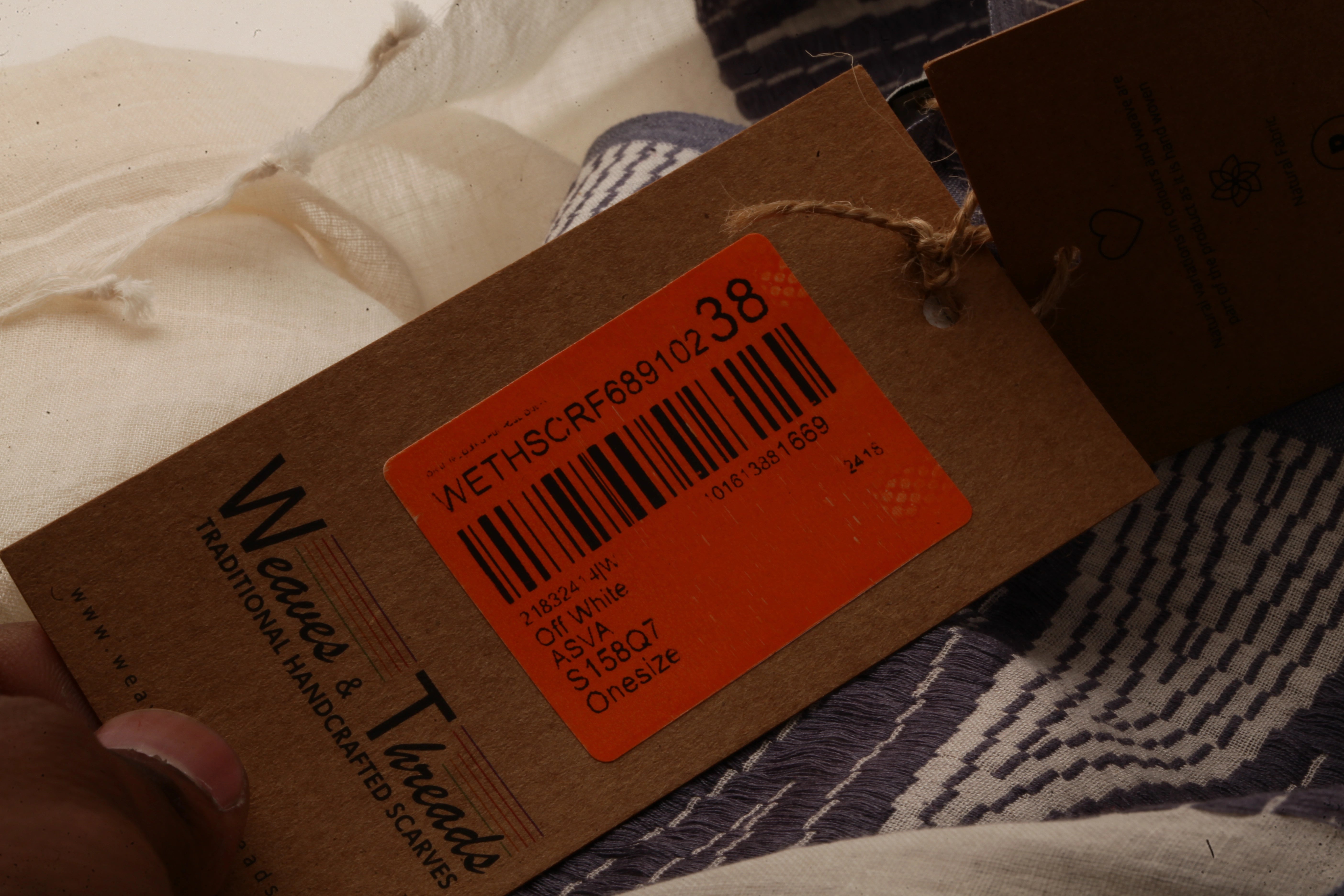 ASVA Women's Off-White Cotton Scarf with Blue Handwoven Border Design on One Side