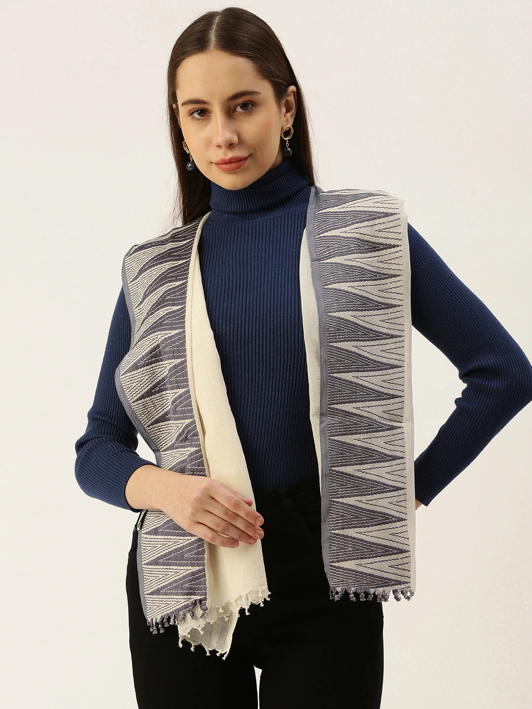 ASVA Women's Off-White Cotton Scarf with Blue Handwoven Border Design on One Side