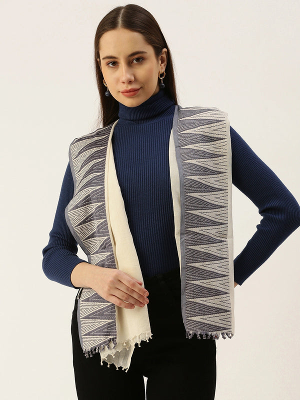 Women's Off-White Cotton Scarf with Blue Handwoven Border Design on One Side