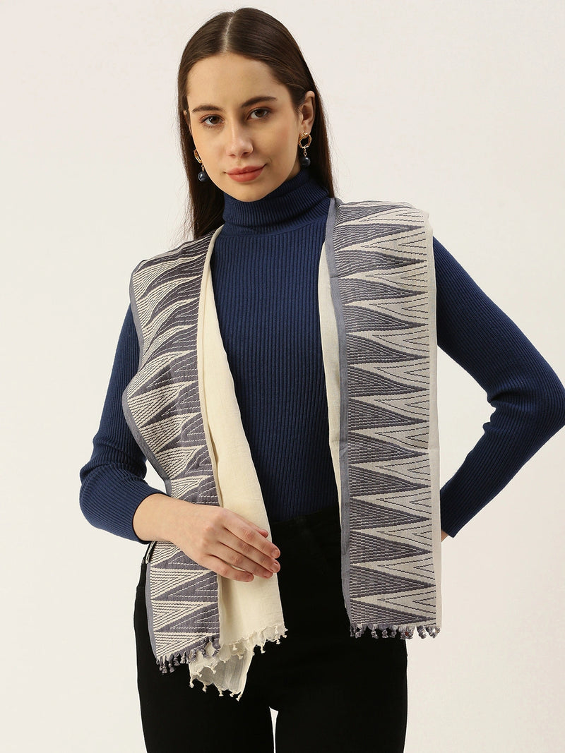 Handwoven Off-White Cotton Scarf with Jacquard Border Design