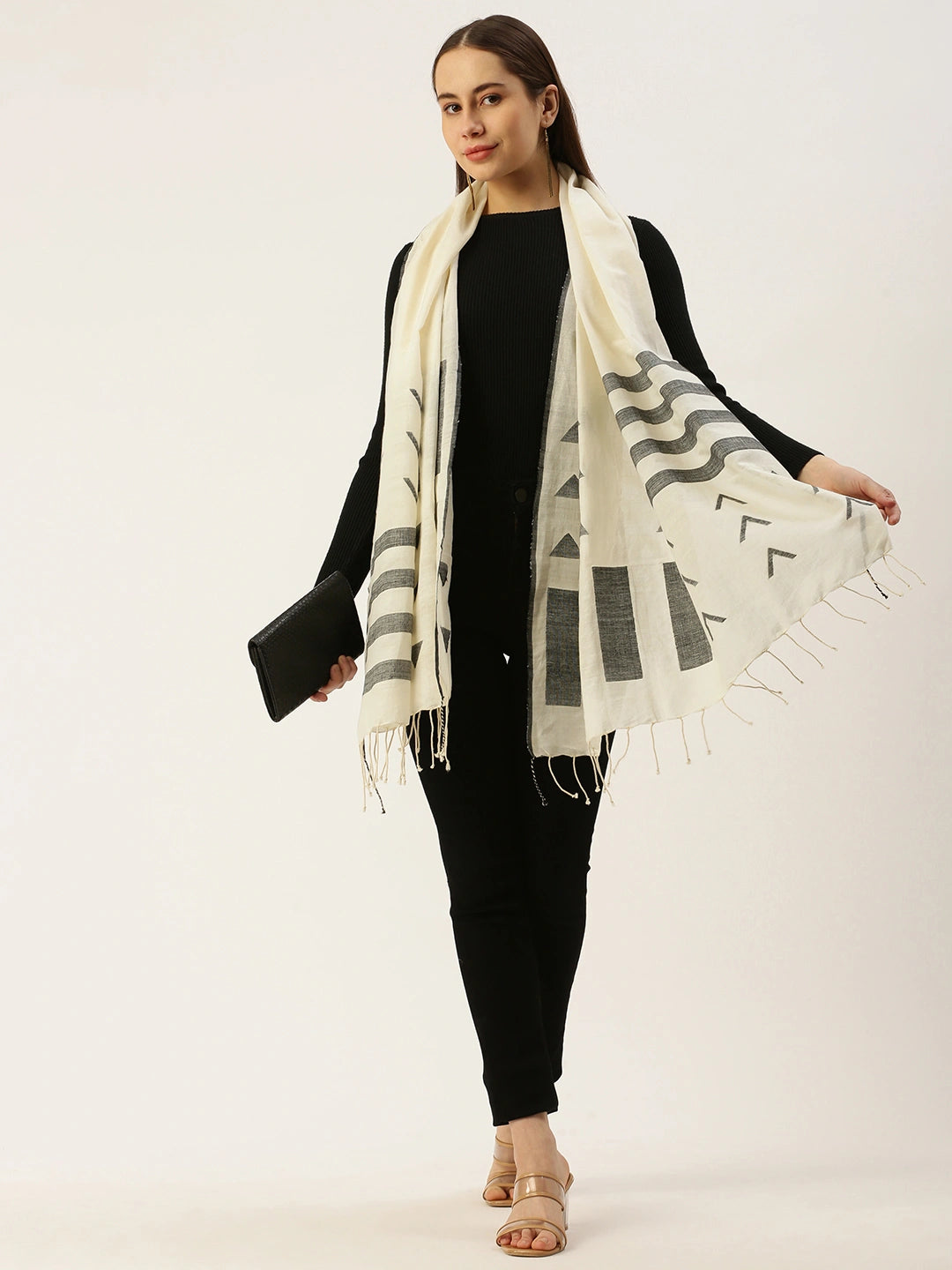 ASVA Women's Off-White Pure Cotton Scarf with Black Jamdani Work