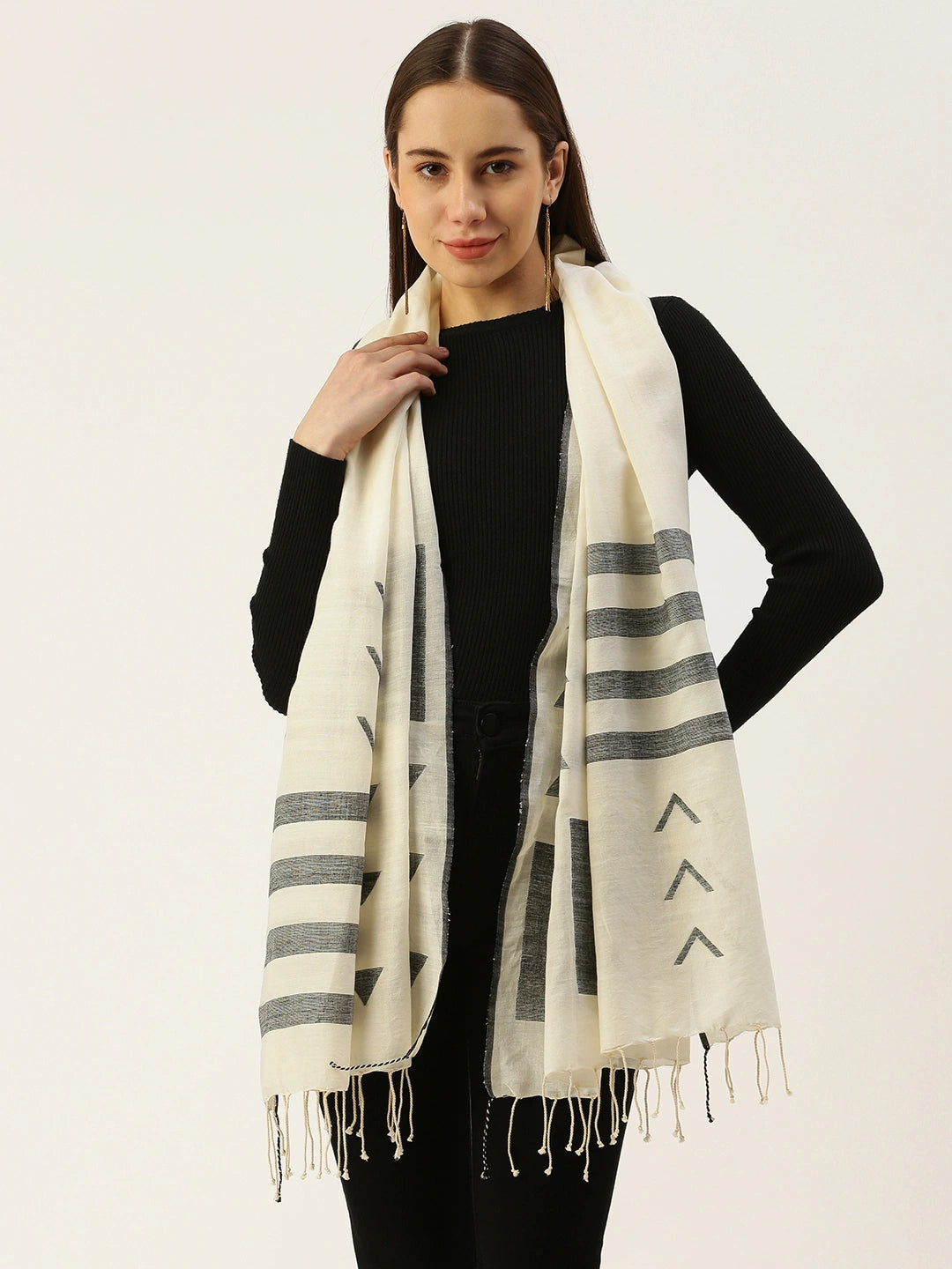 ASVA Women's Off-White Pure Cotton Scarf with Black Jamdani Work