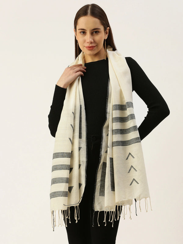 Women's Off-White Pure Cotton Scarf with Black Jamdani Work