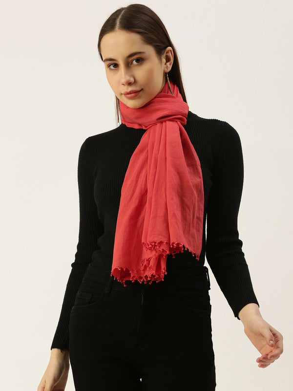 Women's Red Pure Cotton Scarf with Red Selvedge