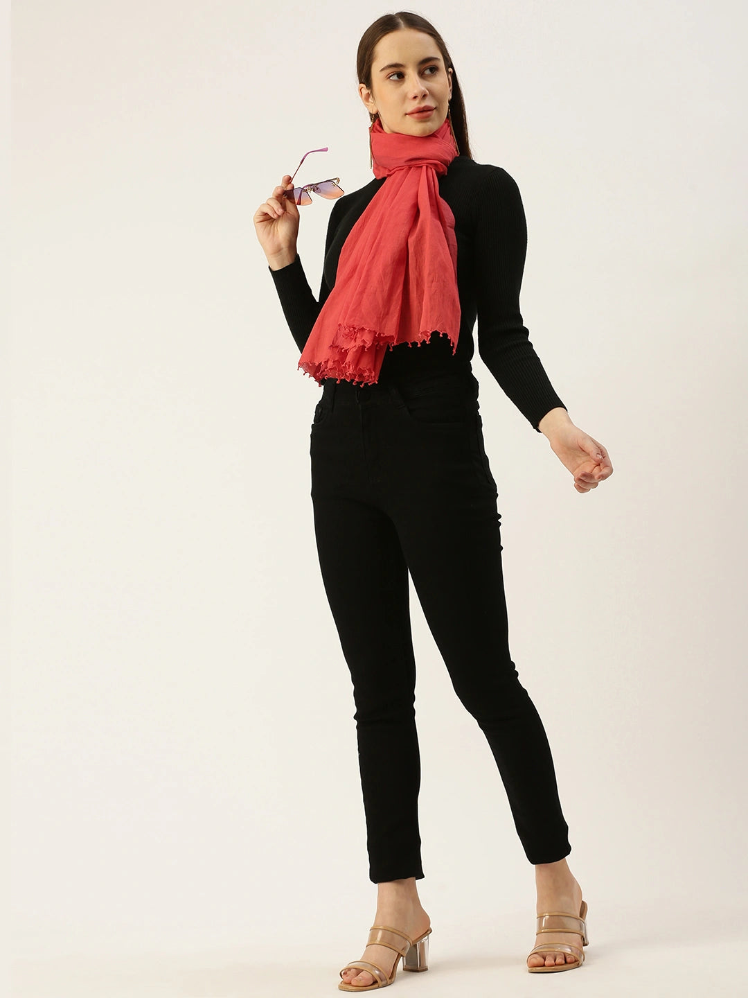 ASVA Women's Red Pure Cotton Scarf with Red Selvedge