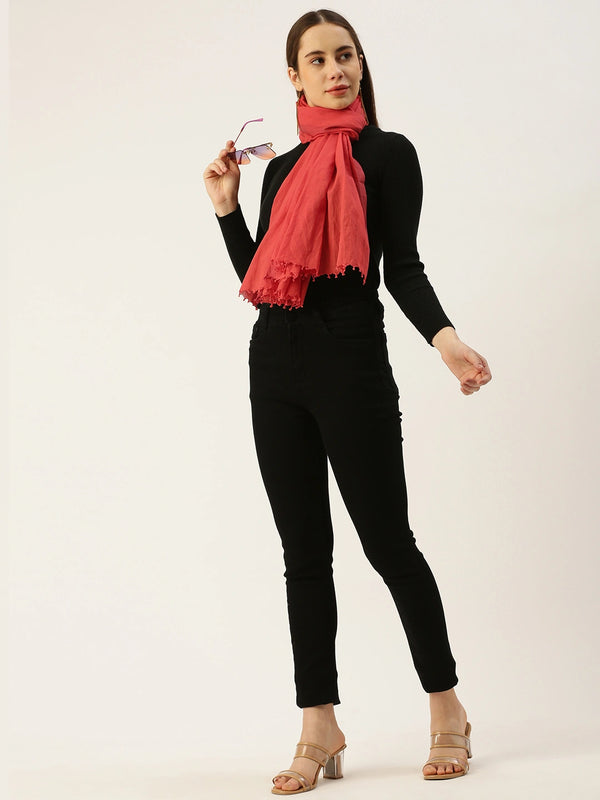 Women's Red Pure Cotton Scarf with Red Selvedge