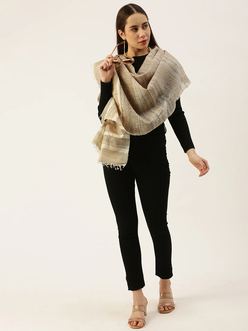 Women's Tussar Silk Scarf with White Stripes and Tassels