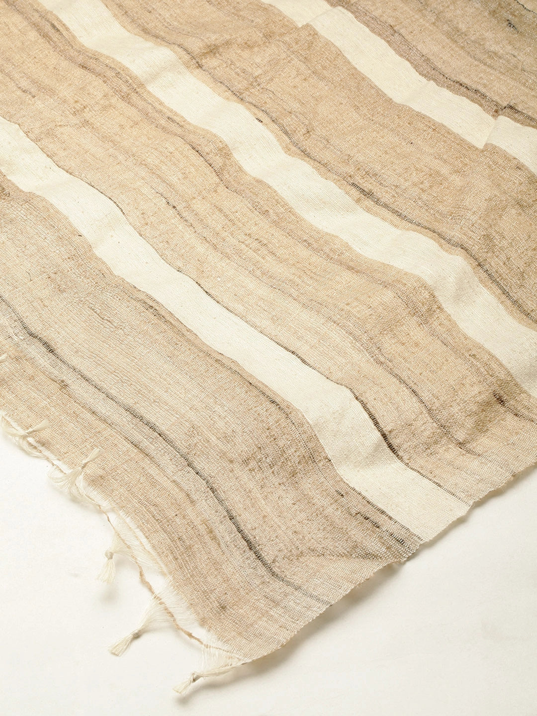 ASVA Women's Tussar Silk Scarf with White Stripes and Tassels