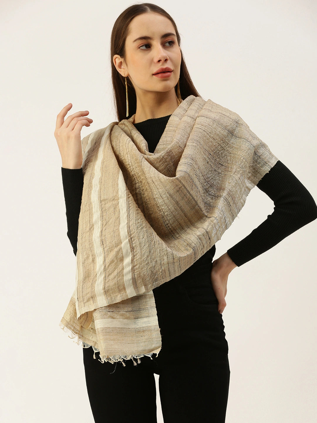 ASVA Women's Tussar Silk Scarf with White Stripes and Tassels
