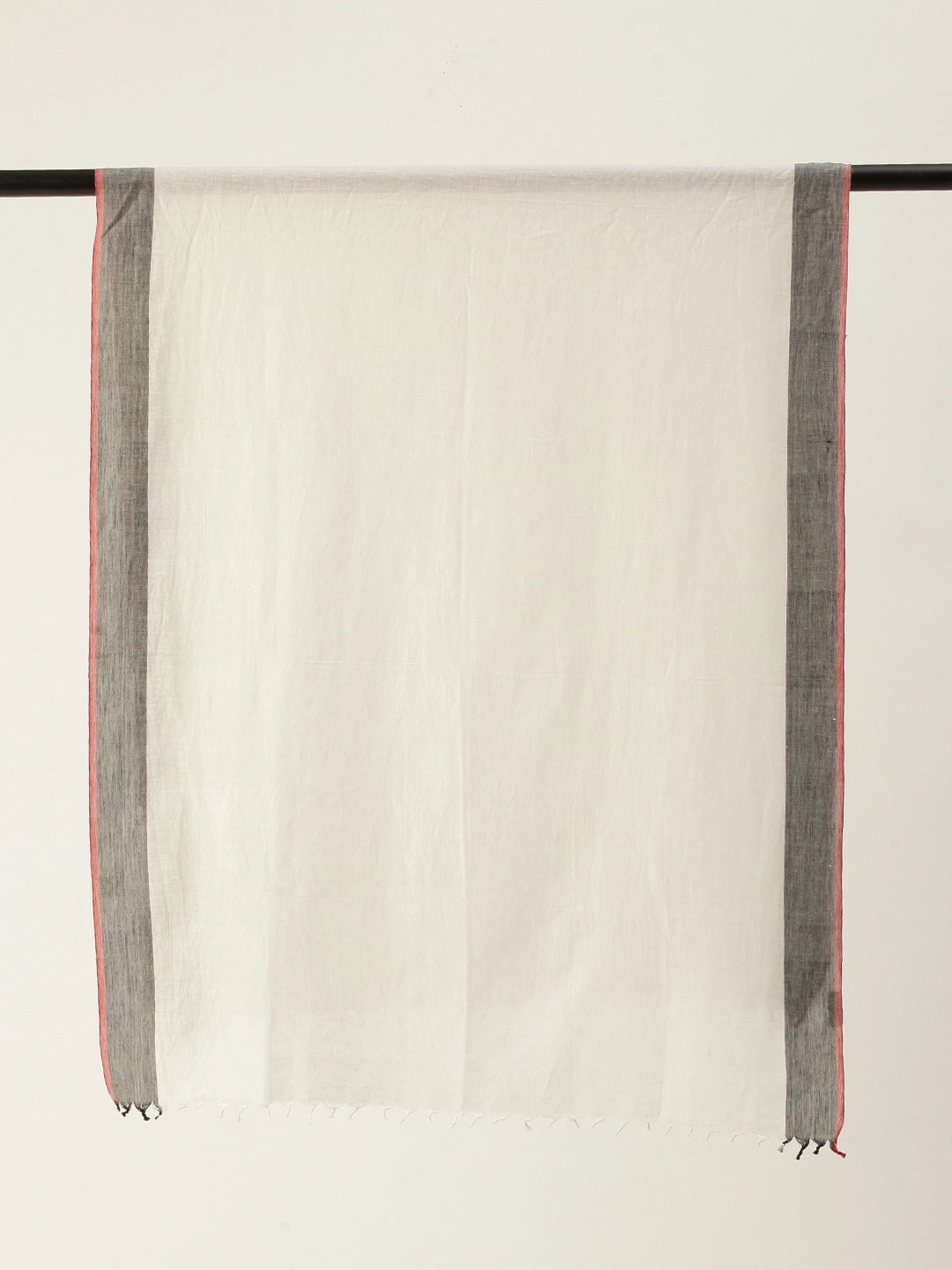 ASVA Women's White Handwoven Cotton Scarf with Grey and Maroon Border