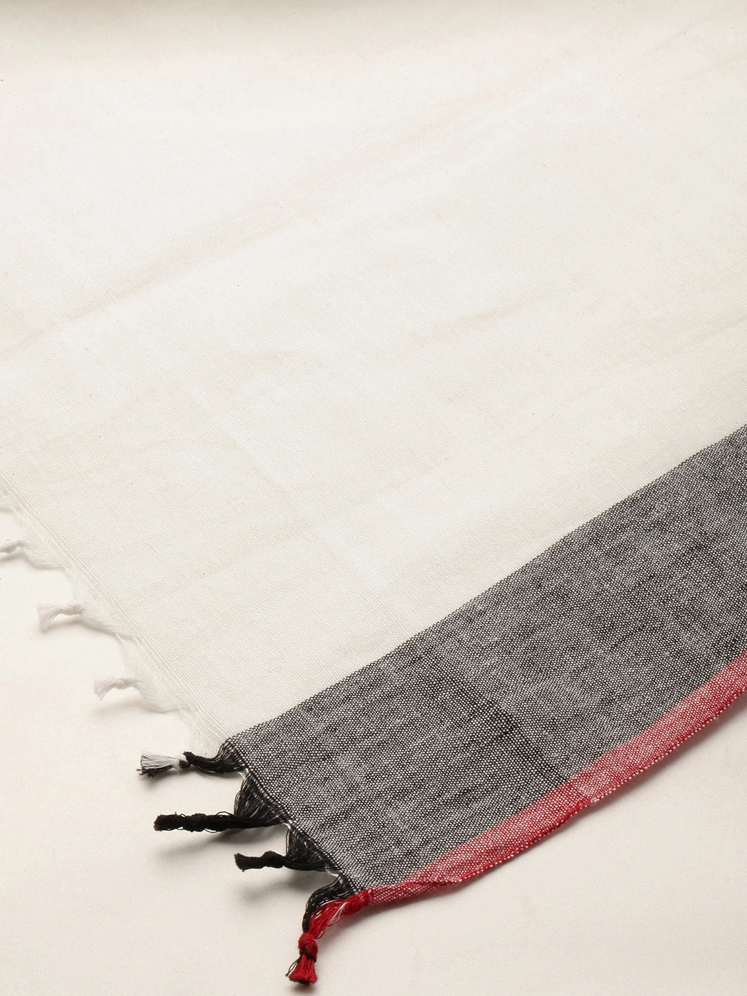ASVA Women's White Handwoven Cotton Scarf with Grey and Maroon Border