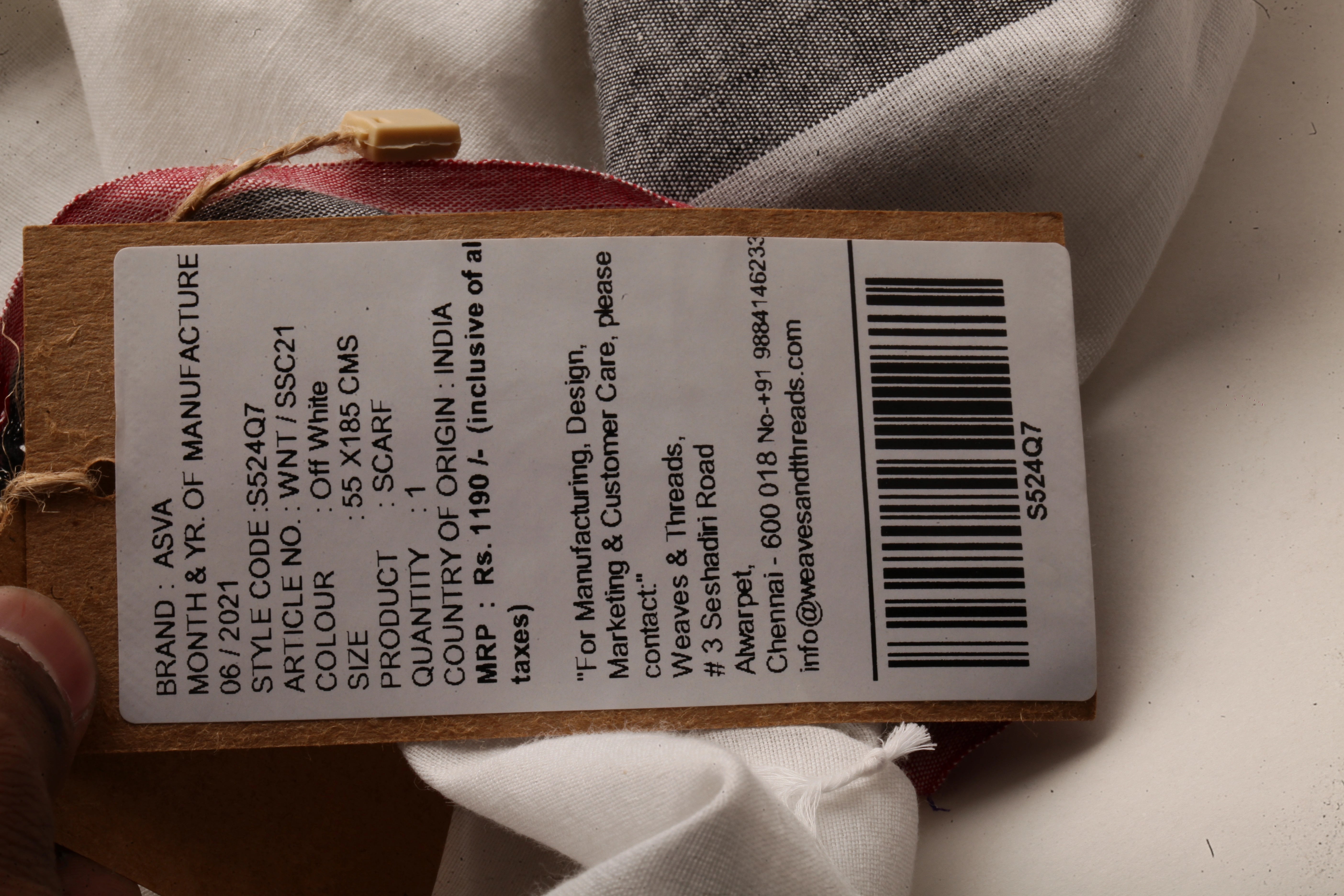 ASVA Women's White Handwoven Cotton Scarf with Grey and Maroon Border