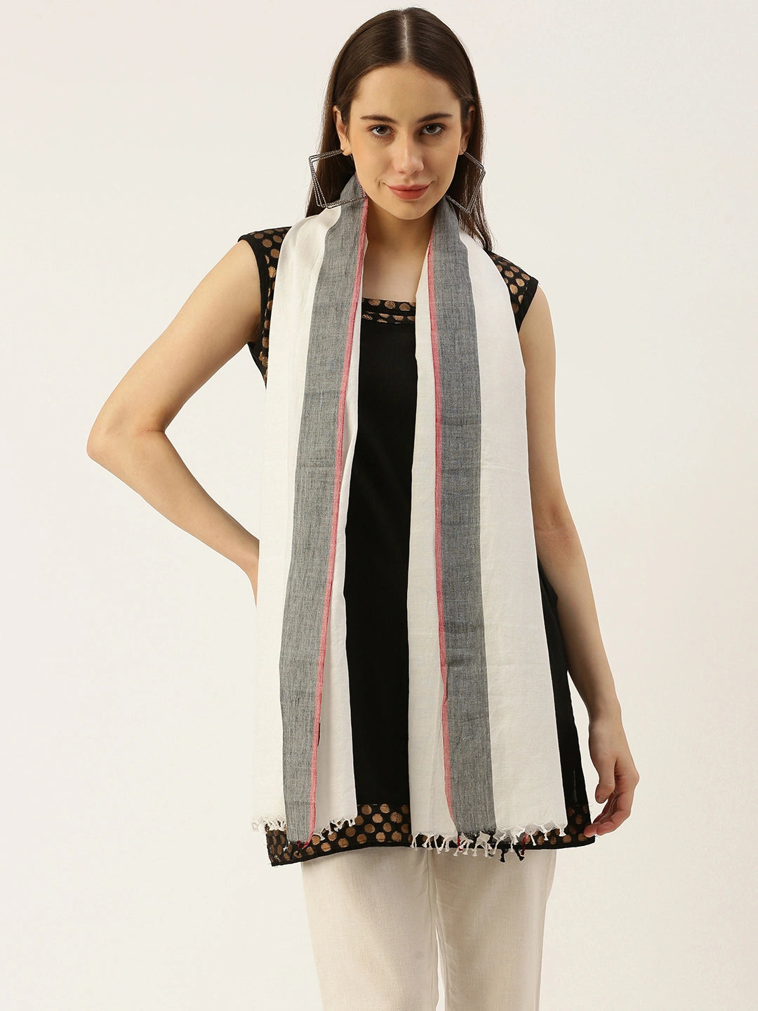 ASVA Women's White Handwoven Cotton Scarf with Grey and Maroon Border