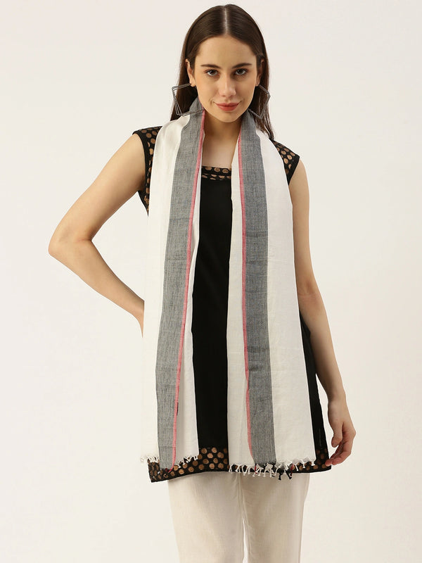 Women's White Handwoven Cotton Scarf with Grey and Maroon Border