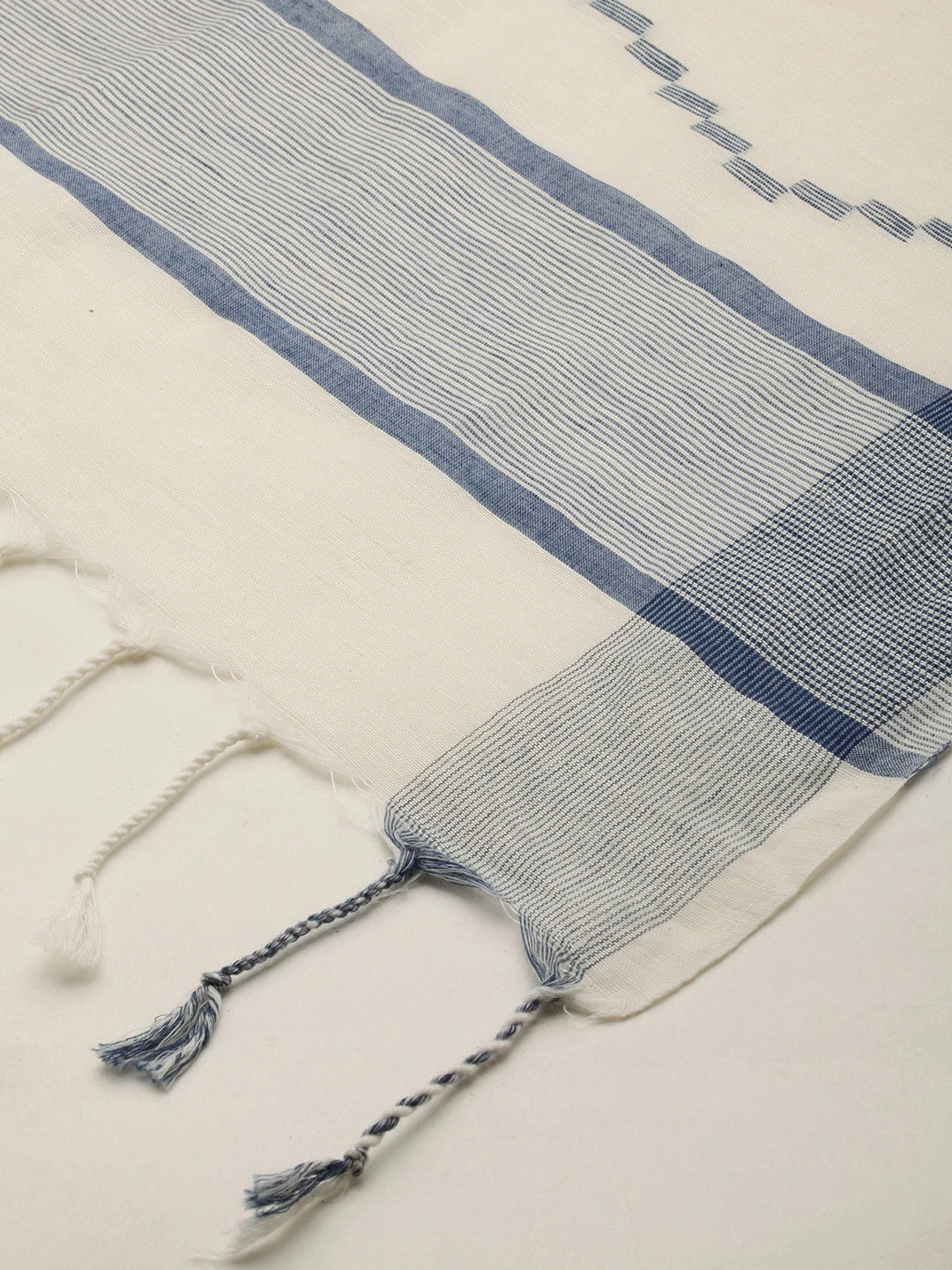 ASVA Women's White Khadi Cotton Dupatta with Blue Weaving Work