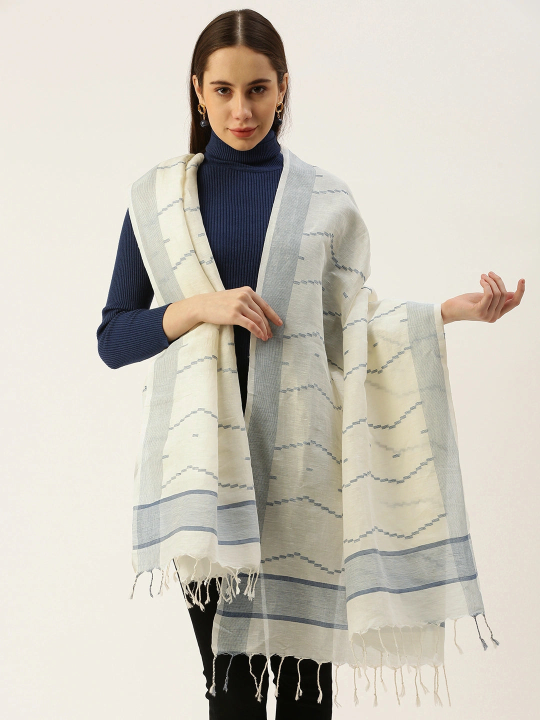 ASVA Women's White Khadi Cotton Dupatta with Blue Weaving Work