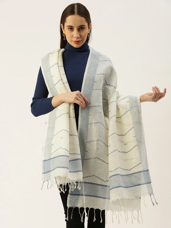 Women's White Khadi Cotton Dupatta with Blue Weaving Work