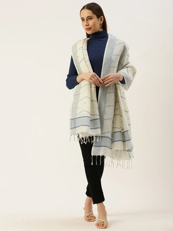 Women's White Khadi Cotton Dupatta with Blue Weaving Work