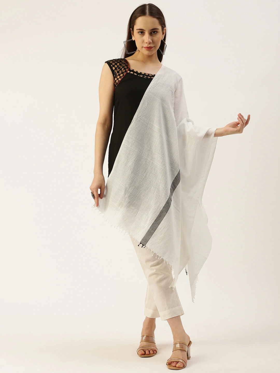 ASVA Women's White Pure Cotton Scarf with Black Center Line and Tassels
