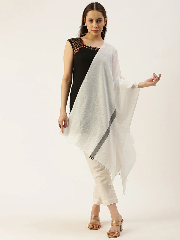 Women's White Pure Cotton Scarf with Black Center Line and Tassels