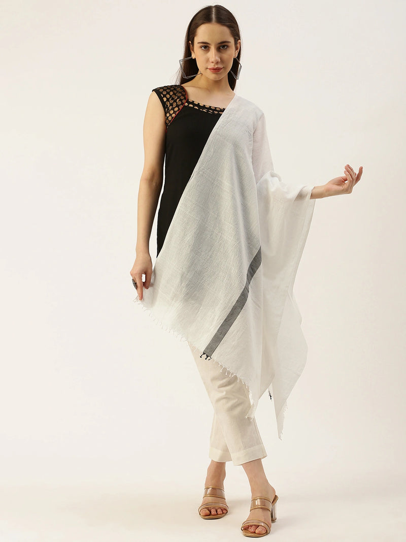Women's White Pure Cotton Scarf with Black Center Line and Tassels
