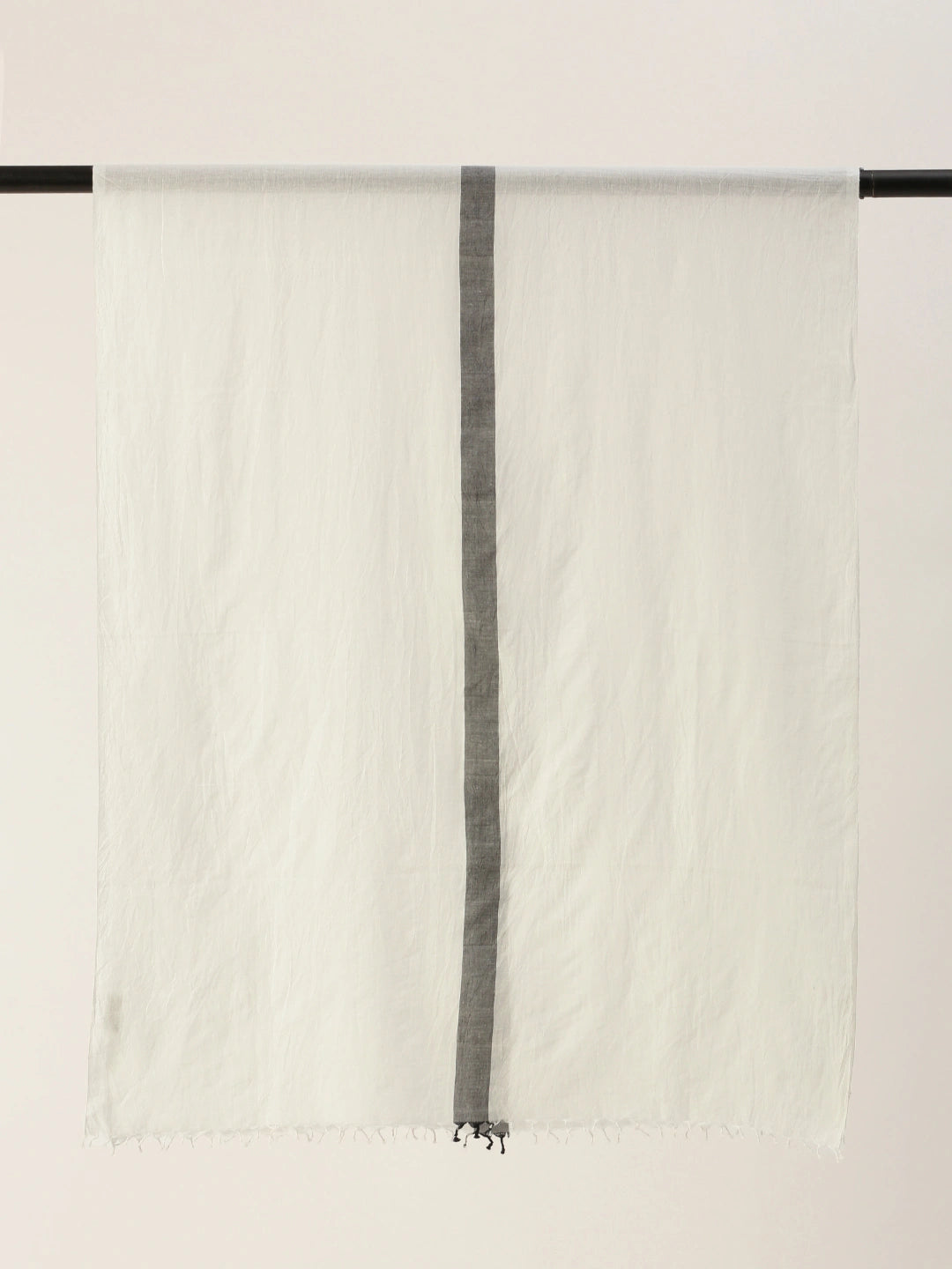 ASVA Women's White Pure Cotton Scarf with Black Center Line and Tassels