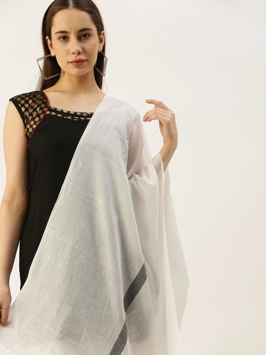 ASVA Women's White Pure Cotton Scarf with Black Center Line and Tassels