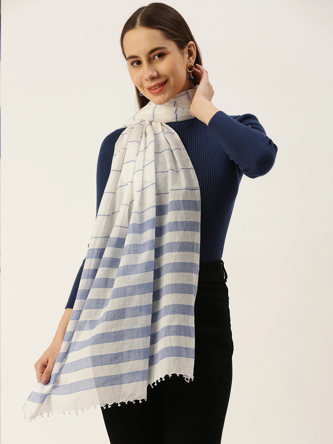 ASVA Women's White Pure Cotton Scarf with Blue Stripes All Over