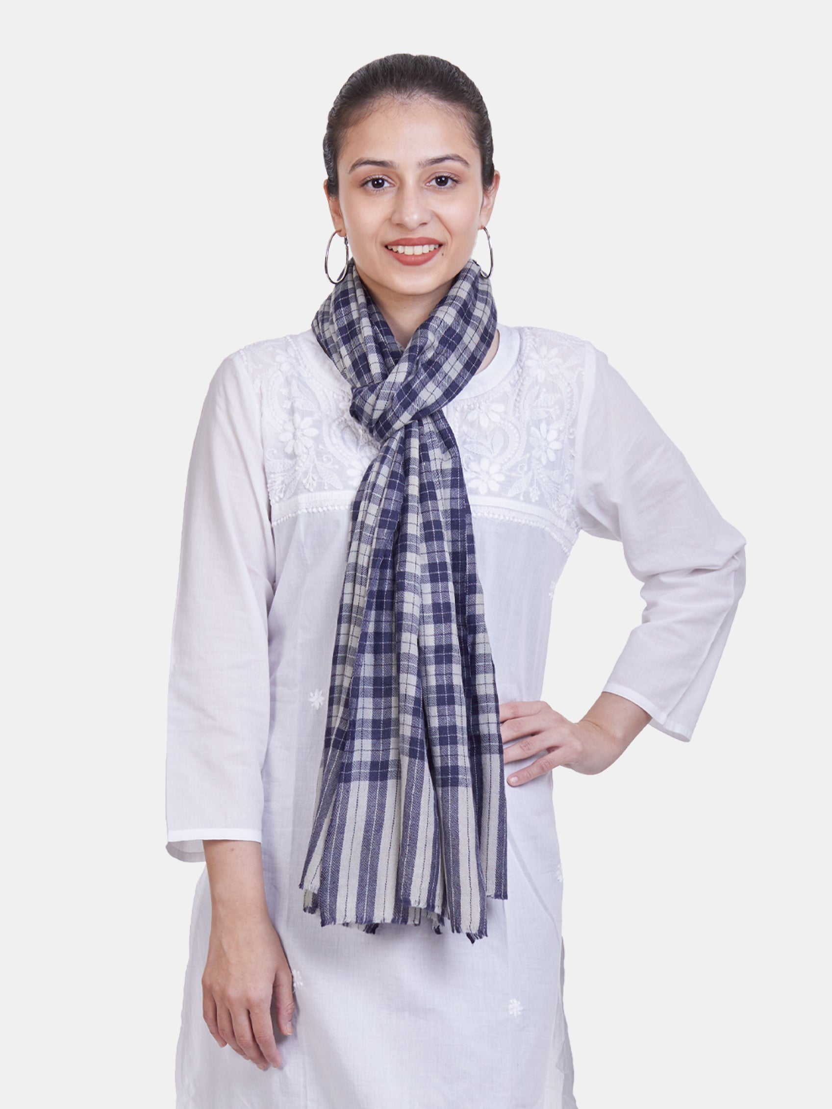 ASVA Women's White & Blue checks Semi Pashmina Scarf