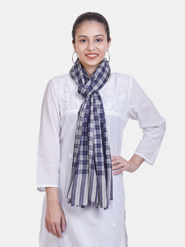 Women's White & Blue checks Semi Pashmina Scarf