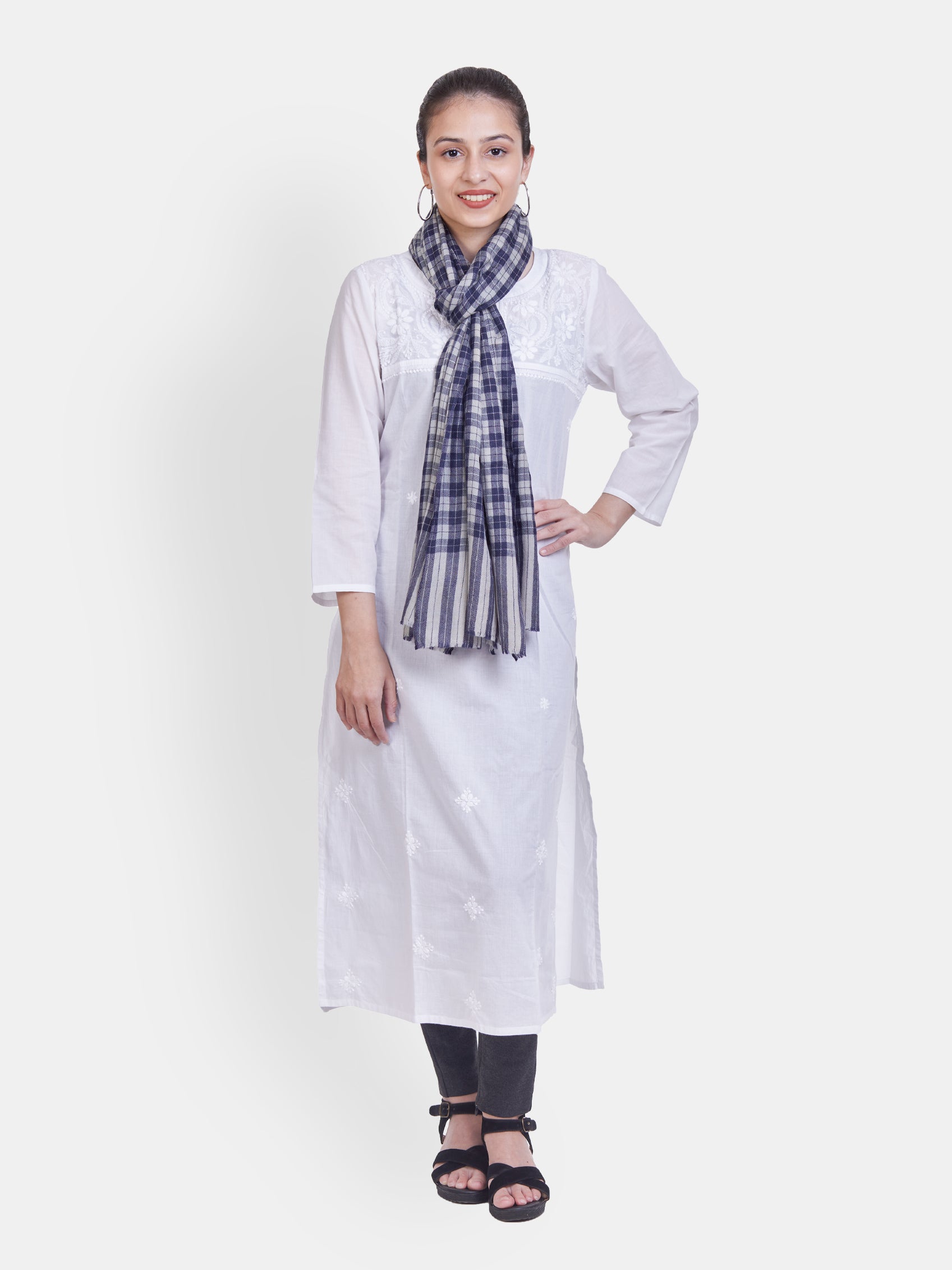 ASVA Women's White & Blue checks Semi Pashmina Scarf