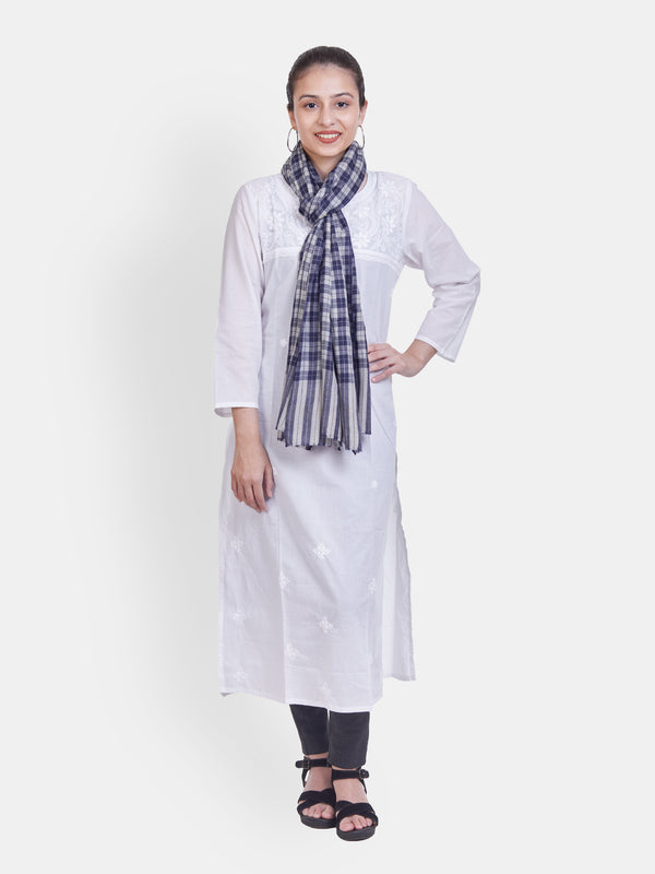 Women's White & Blue checks Semi Pashmina Scarf